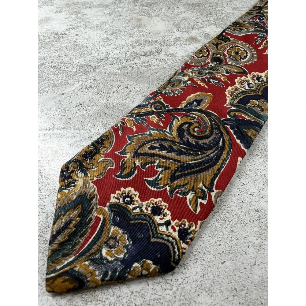 Lands' End Tie Mens OS Red 100% Silk Classic Pointed Paisley Jacquard VTG